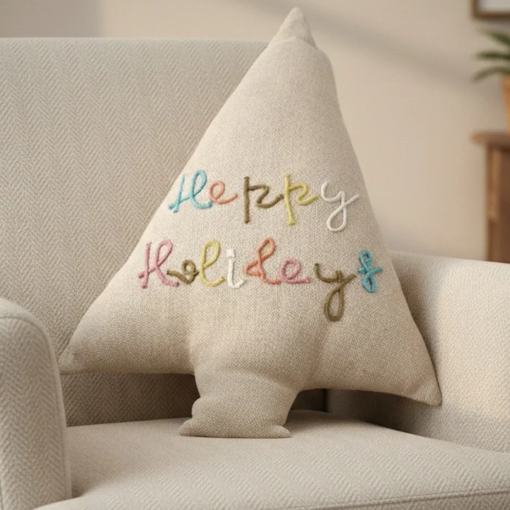 Creative Co-op Happy Holidays Embroidered Cotton Jute Throw Pillow 24” Inches